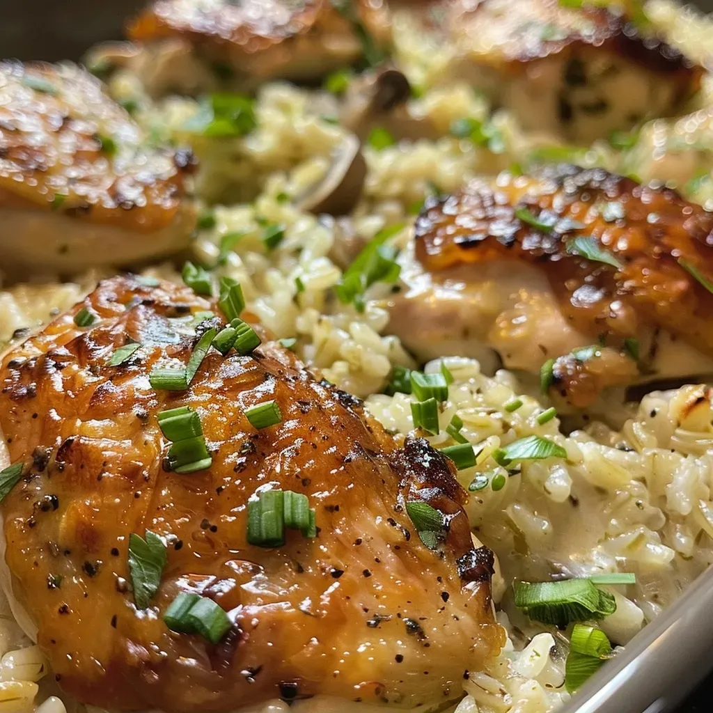 Close-up view of a creamy chicken and rice bake in a baking dish.