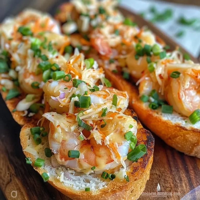 ['Close-up of crispy Vietnamese shrimp toast with a golden-brown crust.', 'Side view of Vietnamese shrimp toast topped with shrimp and crab mixture.', 'Delicious shrimp toast garnished with green onions and served on a plate.', 'Juicy Vietnamese shrimp toast showcasing a rich filling of seafood and cheese.']