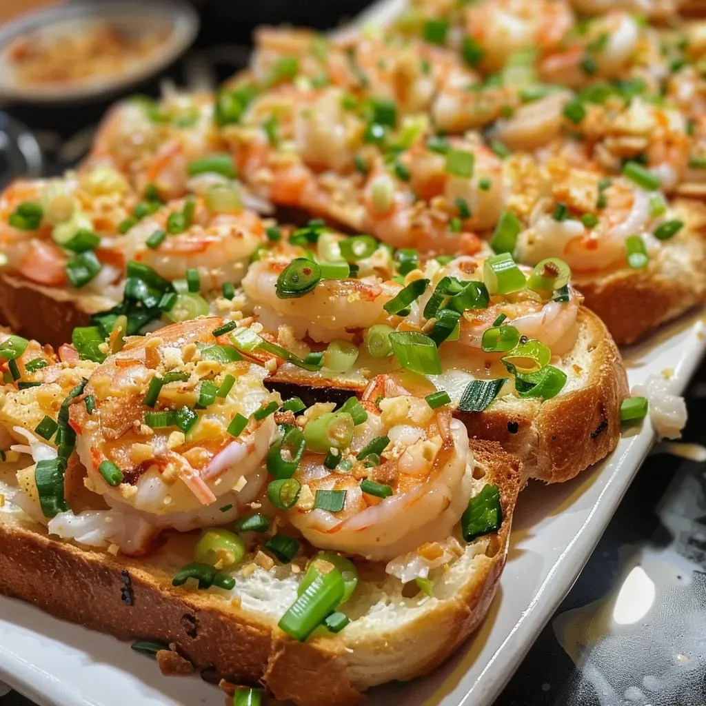 Close-up of crispy Vietnamese shrimp toast with a golden-brown crust.