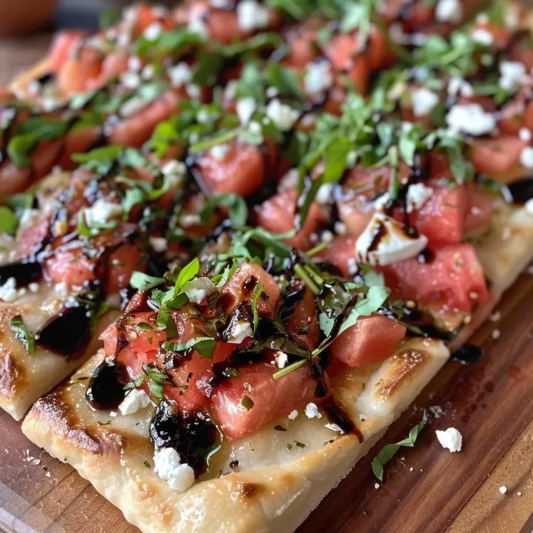 ['Close-up view of a slice of flatbread topped with watermelon jam, feta cheese, and arugula.', 'Side view of a delicious flatbread with melted cheeses and colorful watermelon jam.', 'A juicy flatbread topped with crumbled feta, mozzarella, and fresh diced watermelon.', 'A vibrant slice of flatbread showcasing watermelon jam, cheese, and a drizzle of balsamic glaze.']