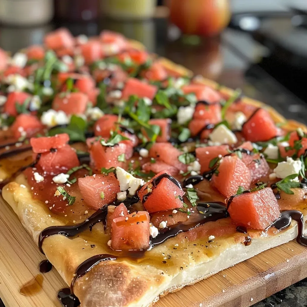 ['Close-up view of a slice of flatbread topped with watermelon jam, feta cheese, and arugula.', 'Side view of a delicious flatbread with melted cheeses and colorful watermelon jam.', 'A juicy flatbread topped with crumbled feta, mozzarella, and fresh diced watermelon.', 'A vibrant slice of flatbread showcasing watermelon jam, cheese, and a drizzle of balsamic glaze.']