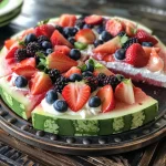 ['A close-up side view of a vibrant watermelon pizza topped with various fruits and yogurt.', 'A juicy watermelon slice decorated with dollops of yogurt and fresh fruit, viewed from the side.', 'A colorful arrangement of sliced strawberries, blueberries, and melon on a watermelon pizza circle.', 'An appetizing side profile of watermelon pizza, showcasing its fruity toppings and creamy yogurt.']