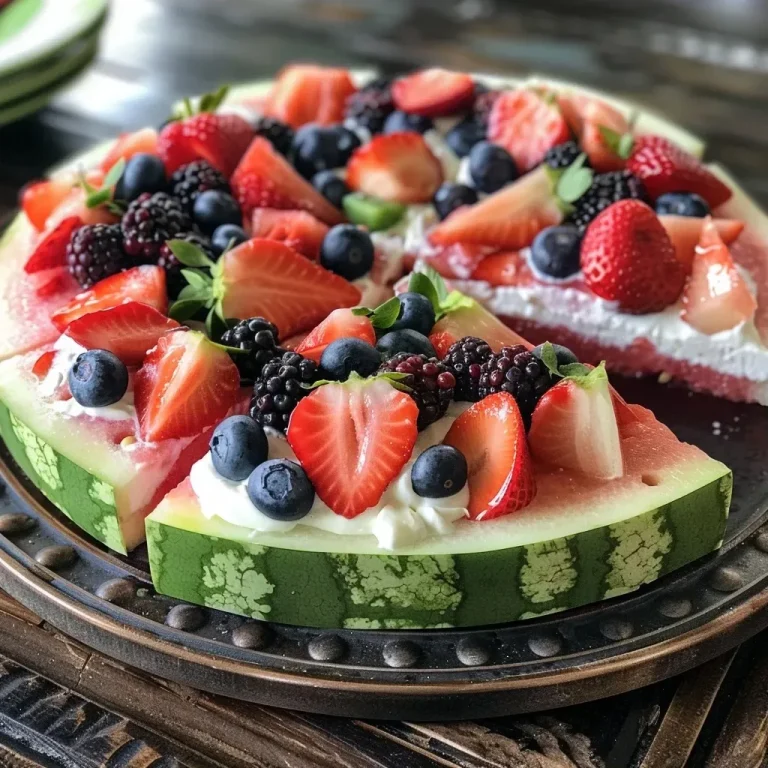 ['A close-up side view of a vibrant watermelon pizza topped with various fruits and yogurt.', 'A juicy watermelon slice decorated with dollops of yogurt and fresh fruit, viewed from the side.', 'A colorful arrangement of sliced strawberries, blueberries, and melon on a watermelon pizza circle.', 'An appetizing side profile of watermelon pizza, showcasing its fruity toppings and creamy yogurt.']