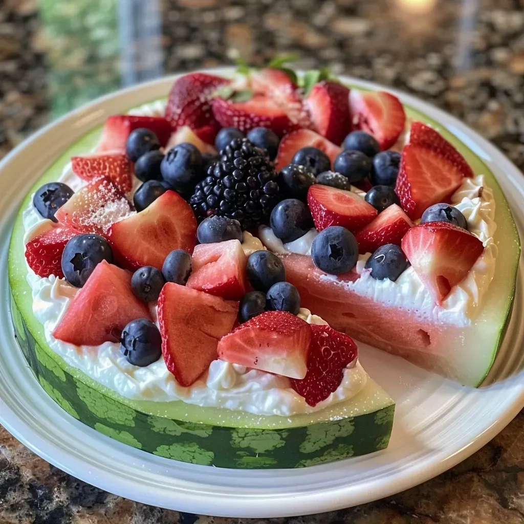 A close-up side view of a vibrant watermelon pizza topped with various fruits and yogurt.