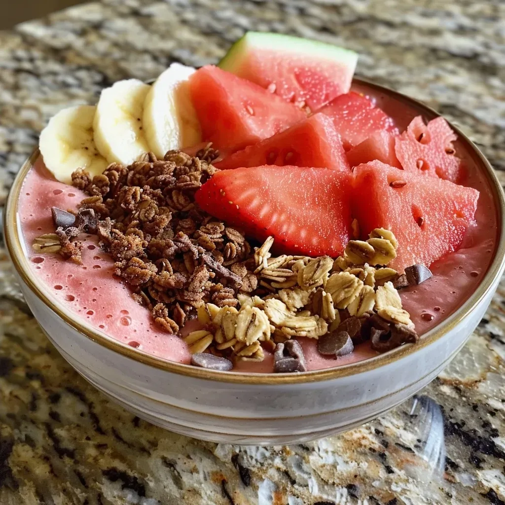 Close-up view of a vibrant watermelon strawberry smoothie bowl topped with granola and coconut flakes.