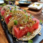 ['Close-up of a vibrant watermelon taco filled with colorful ingredients.', 'Side view of a juicy watermelon taco showcasing its fresh toppings and taco shell.', 'Detailed shot of a watermelon taco highlighting edible flowers and micro herbs.', 'Artistic depiction of a watermelon taco with a rich blend of colors and textures.']