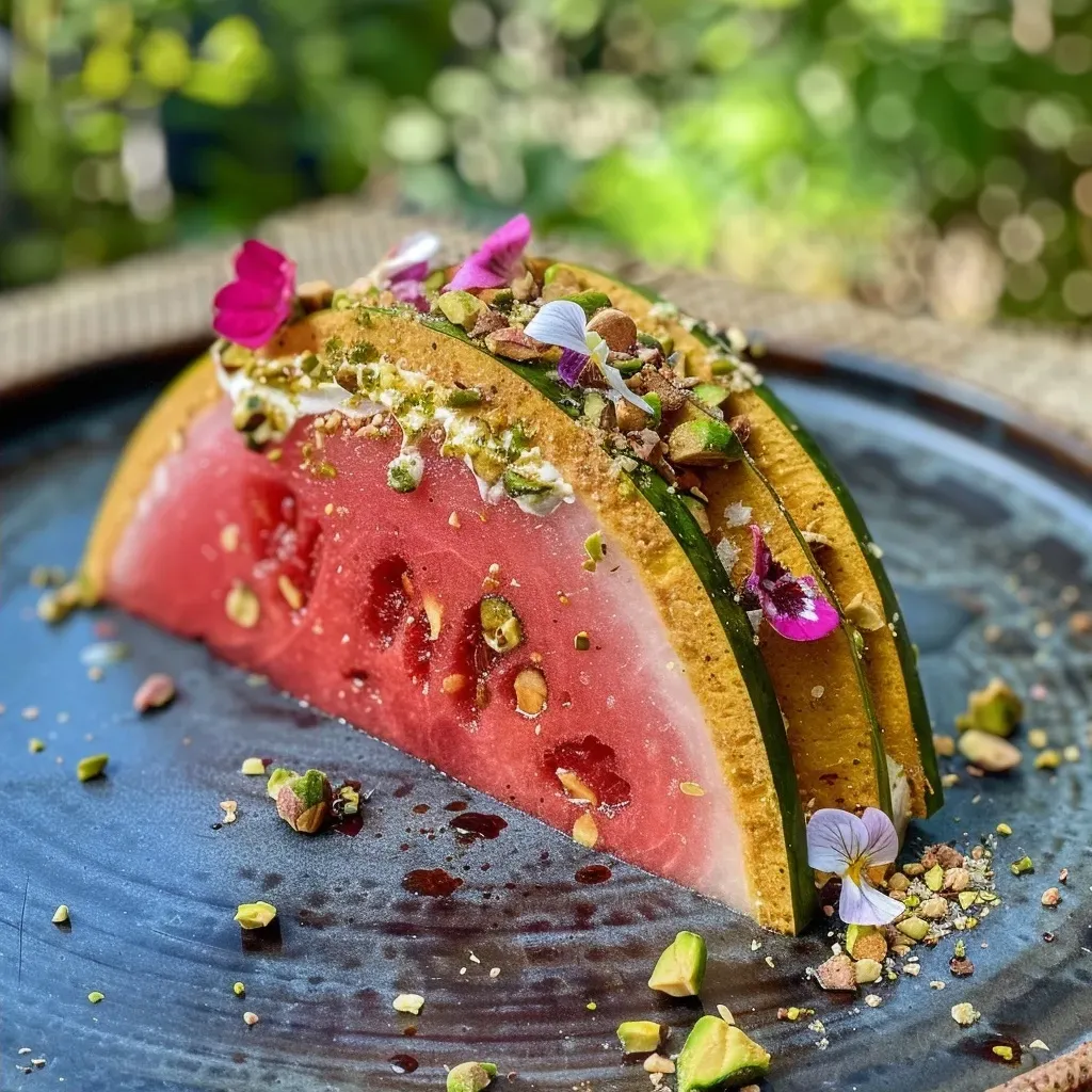 Close-up of a vibrant watermelon taco filled with colorful ingredients.