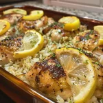 ['Juicy Zesty Lemon Chicken Rice Bake in a white dish, garnished with fresh parsley.', 'Close-up side view of Zesty Lemon Chicken Rice Bake, highlighting chicken thighs and fluffy rice.', 'A serving of Zesty Lemon Chicken Rice Bake with lemon slices and herbs on a wooden table.', 'Delicious Zesty Lemon Chicken Rice Bake with visible ingredients in a pan, showcasing textures.']