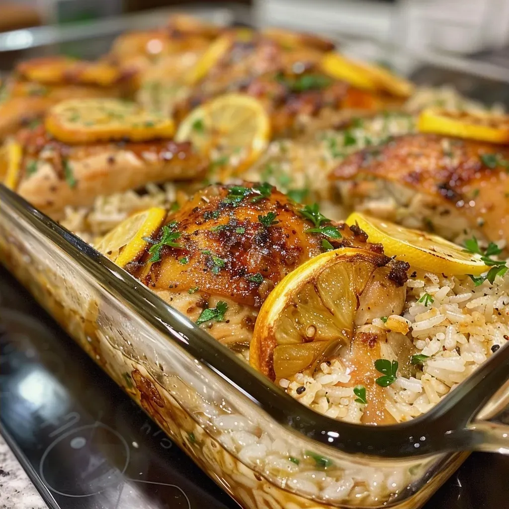 ['Juicy Zesty Lemon Chicken Rice Bake in a white dish, garnished with fresh parsley.', 'Close-up side view of Zesty Lemon Chicken Rice Bake, highlighting chicken thighs and fluffy rice.', 'A serving of Zesty Lemon Chicken Rice Bake with lemon slices and herbs on a wooden table.', 'Delicious Zesty Lemon Chicken Rice Bake with visible ingredients in a pan, showcasing textures.']