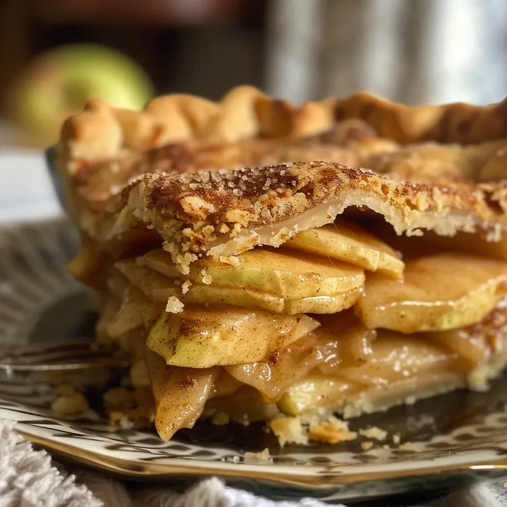 ['Close-up view of a freshly baked almond flour apple pie with a golden crust and visible apple slices.', 'Side view of a delicious almond flour apple pie showcasing its flaky crust filled with sliced apples and spices.', 'Juicy almond flour apple pie presented in a close-up with a vibrant filling of apples and a beautifully baked crust.', 'Detailed side profile of an apple pie made with almond flour, highlighting the apple slices and rich, golden crust.']