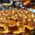 ['Close-up view of a slice of Apple Bread and Butter Pudding, showcasing juicy apples and golden crust.', 'Side angle of Apple Bread and Butter Pudding, highlighting the layers of brioche and sultanas.', 'Detailed look at a warm Apple Bread and Butter Pudding, with butter and sugar glistening on top.', 'A slice of freshly made Apple Bread and Butter Pudding with visible cardamom pods and candied peel.']