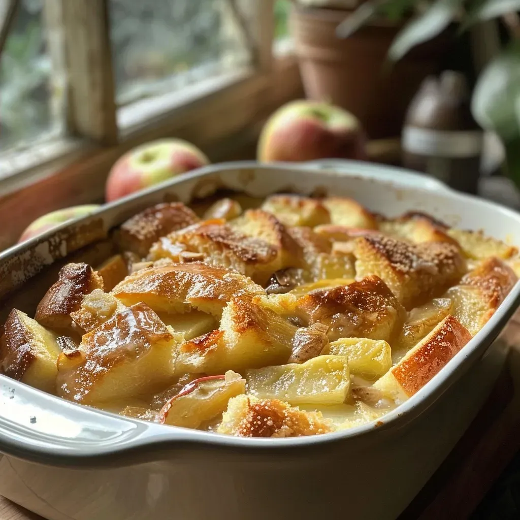 ['Close-up view of a slice of Apple Bread and Butter Pudding, showcasing juicy apples and golden crust.', 'Side angle of Apple Bread and Butter Pudding, highlighting the layers of brioche and sultanas.', 'Detailed look at a warm Apple Bread and Butter Pudding, with butter and sugar glistening on top.', 'A slice of freshly made Apple Bread and Butter Pudding with visible cardamom pods and candied peel.']