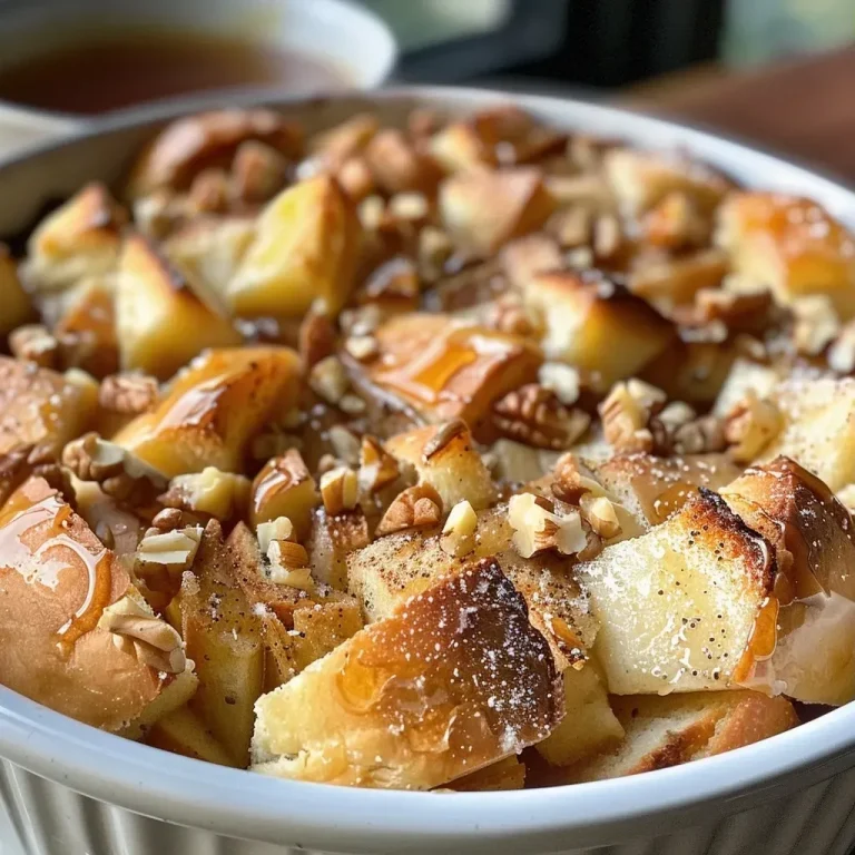 ['Close-up view of a golden-brown apple bread pudding with a crispy top.', 'Side view of a slice of apple bread pudding garnished with powdered sugar.', 'Juicy apple bread pudding featuring diced apples and a rich custard texture.', 'Delicious apple bread pudding served on a white plate with a hint of cinnamon.']