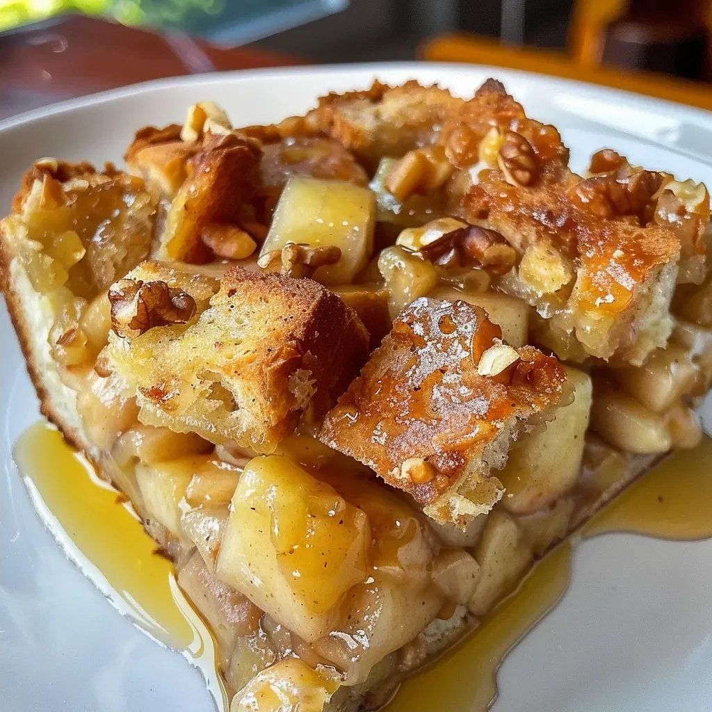 Close-up view of a golden-brown apple bread pudding with a crispy top.