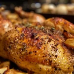 ['Close-up view of a roasted chicken glazed with apple butter, garnished with fresh thyme.', 'Side view of juicy apple butter roasted chicken resting on a plate, surrounded by herbs and spices.', 'Golden-brown roasted chicken with a shiny apple butter glaze and visible seasonings, presented on a wooden surface.', 'Succulent roasted chicken coated in a rich apple butter sauce, with garlic and thyme accents.']