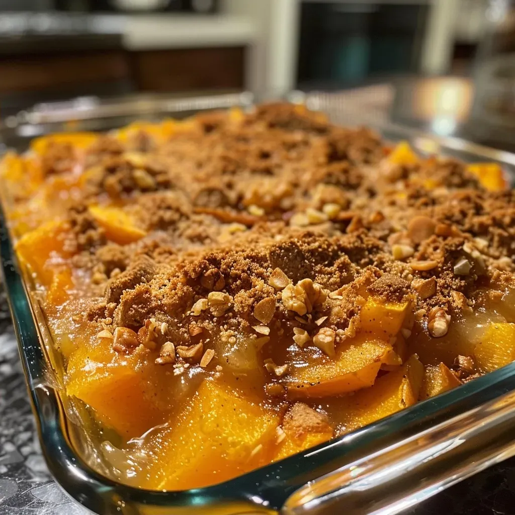 A close-up view of a warm Apple Butternut Squash Cobbler in a baking dish.