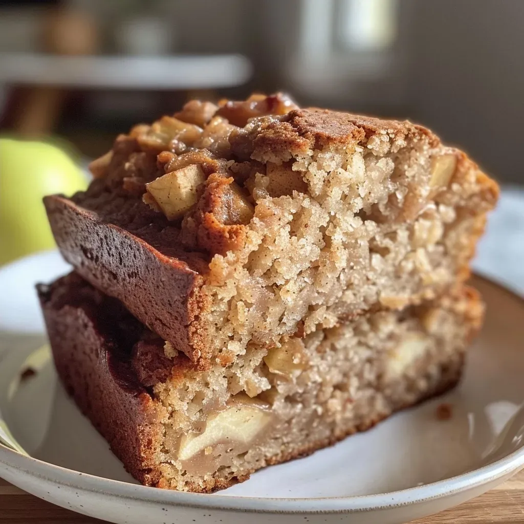['Close-up side view of a loaf of apple cider bread showcasing its moist texture.', 'Juicy apple cider bread with visible apple pieces and a golden-brown crust.', 'Detailed view of freshly baked apple cider bread highlighting its fluffy interior.', 'Slice of apple cider bread revealing the spices and apples inside.']
