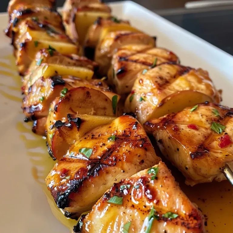 ['Close-up of juicy Apple Cider Chicken Skewers drizzled with creamy Gouda sauce.', 'Side view of chicken skewers marinated in apple cider, served with melted Gouda sauce.', 'Delicious chicken skewers glazed with a rich Gouda sauce, showcasing vibrant colors.', 'Appetizing Apple Cider Chicken Skewers with a creamy cheese sauce, ready to eat.']
