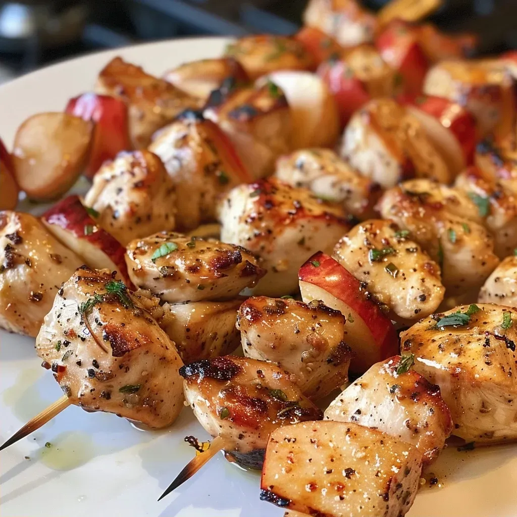 ['Close-up of juicy Apple Cider Chicken Skewers drizzled with creamy Gouda sauce.', 'Side view of chicken skewers marinated in apple cider, served with melted Gouda sauce.', 'Delicious chicken skewers glazed with a rich Gouda sauce, showcasing vibrant colors.', 'Appetizing Apple Cider Chicken Skewers with a creamy cheese sauce, ready to eat.']