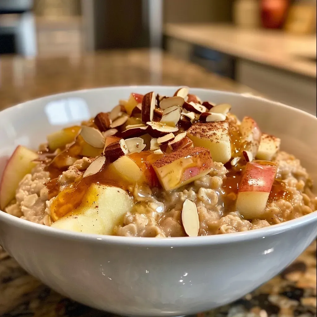 ['Close-up of a bowl of oatmeal topped with caramelized apples and almonds.', 'A side view of Apple Cider Oatmeal, featuring sliced almonds and cinnamon-dusted apples.', 'A vibrant dish of oatmeal with brown sugar-glazed apples set against a textured background.', 'Creamy Apple Cider Oatmeal garnished with warm, caramelized apple slices and nuts.']
