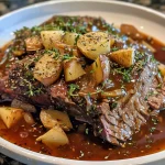['Close-up of a juicy Apple Cider Pot Roast with vegetables.', 'Side view of a tender beef chuck roast simmering in apple cider sauce.', 'A hearty Apple Cider Pot Roast featuring carrots and potatoes.', 'Deliciously cooked pot roast surrounded by fresh herbs and spices.']
