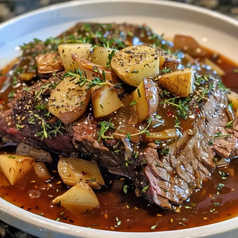 ['Close-up of a juicy Apple Cider Pot Roast with vegetables.', 'Side view of a tender beef chuck roast simmering in apple cider sauce.', 'A hearty Apple Cider Pot Roast featuring carrots and potatoes.', 'Deliciously cooked pot roast surrounded by fresh herbs and spices.']