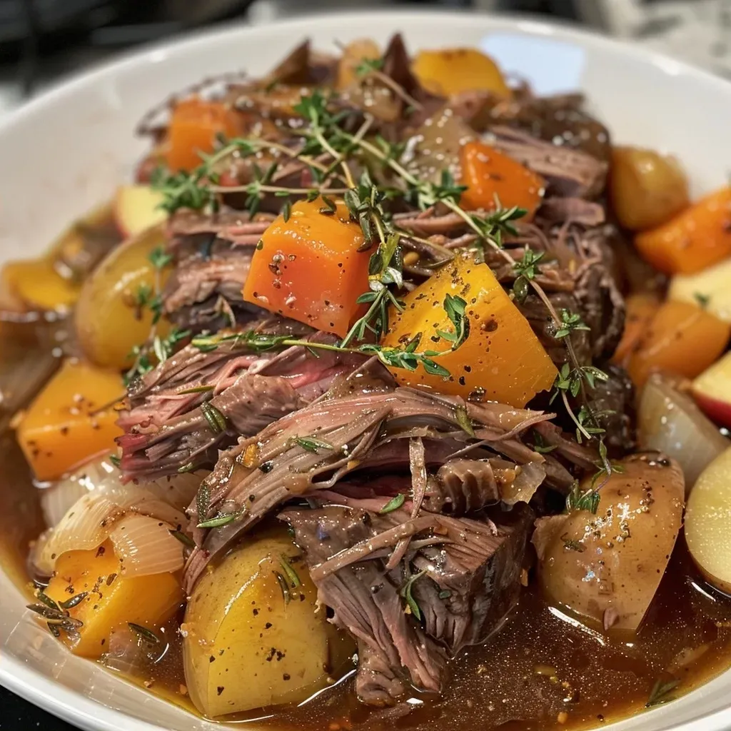 ['Close-up of a juicy Apple Cider Pot Roast with vegetables.', 'Side view of a tender beef chuck roast simmering in apple cider sauce.', 'A hearty Apple Cider Pot Roast featuring carrots and potatoes.', 'Deliciously cooked pot roast surrounded by fresh herbs and spices.']