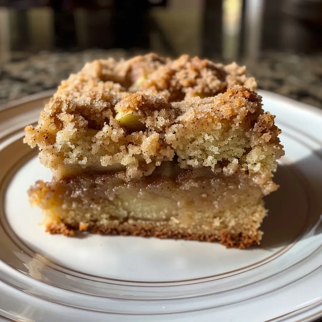 ['Close-up side view of a moist apple cinnamon crumb cake with a golden crumb topping.', 'Detailed shot of a delicious apple cinnamon crumb cake showcasing its layers and texture.', 'Side perspective of a slice of apple cinnamon crumb cake, highlighting the apple chunks and crumb crust.', 'Close-up of a freshly baked apple cinnamon crumb cake, emphasizing the buttery crumb topping and moist interior.']