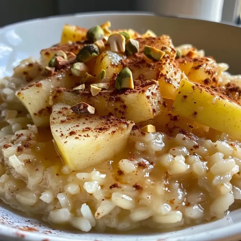 ['Close-up view of a creamy Apple Cinnamon Dessert Risotto topped with pistachios.', 'Side view of a delicious bowl of Apple Cinnamon Dessert Risotto with ice cream and craisins.', 'Elegant presentation of Apple Cinnamon Dessert Risotto garnished with crushed pistachios.', 'Rich Apple Cinnamon Dessert Risotto served in a bowl with a scoop of vanilla ice cream.']