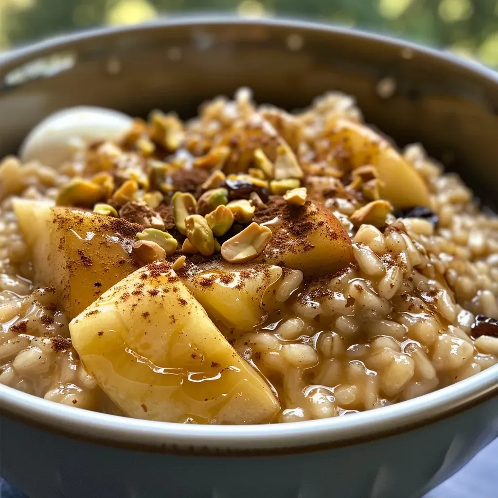 ['Close-up view of a creamy Apple Cinnamon Dessert Risotto topped with pistachios.', 'Side view of a delicious bowl of Apple Cinnamon Dessert Risotto with ice cream and craisins.', 'Elegant presentation of Apple Cinnamon Dessert Risotto garnished with crushed pistachios.', 'Rich Apple Cinnamon Dessert Risotto served in a bowl with a scoop of vanilla ice cream.']