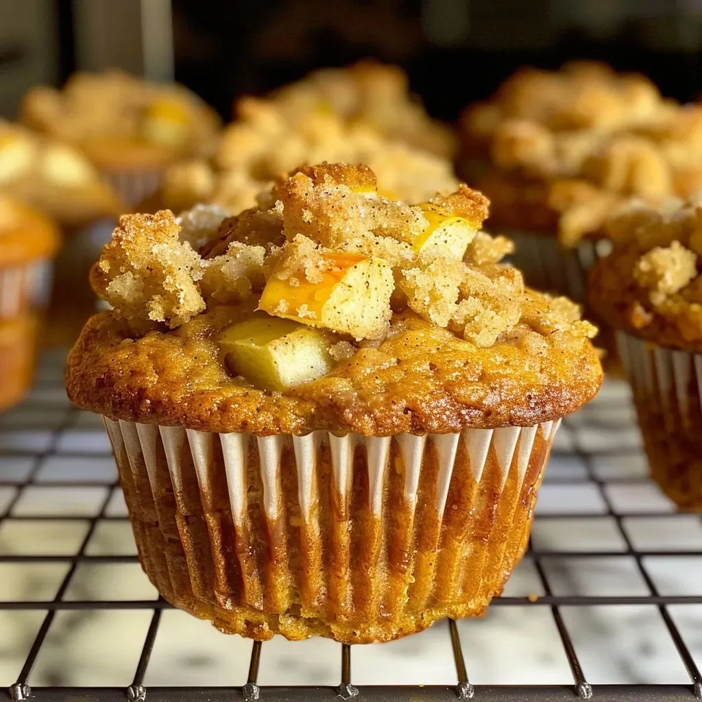 Close-up of a moist Apple Cinnamon Greek Yogurt Muffin with visible apple chunks.