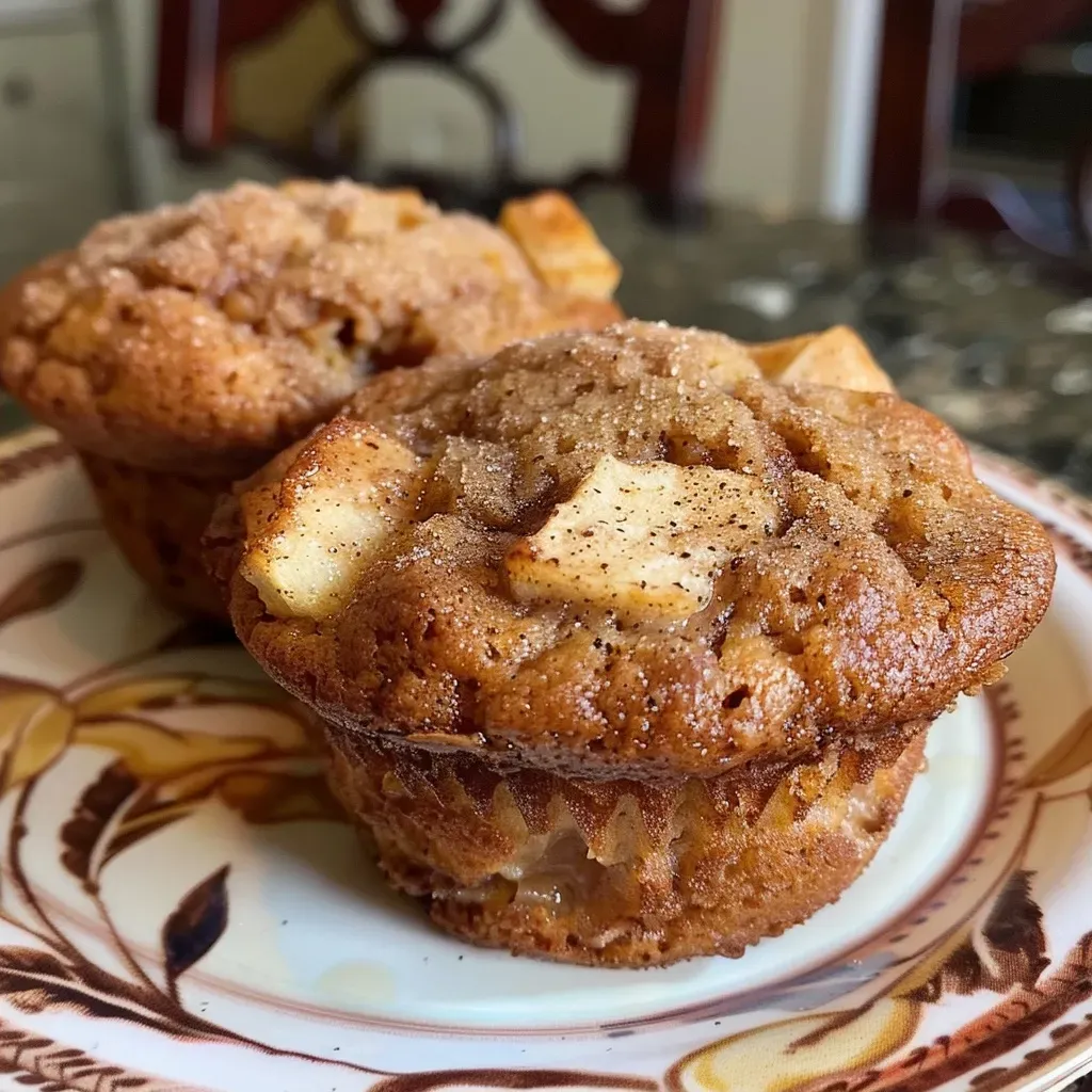 Close-up view of a freshly baked apple cinnamon muffin, showcasing its golden-brown top and visible chunks of apple.