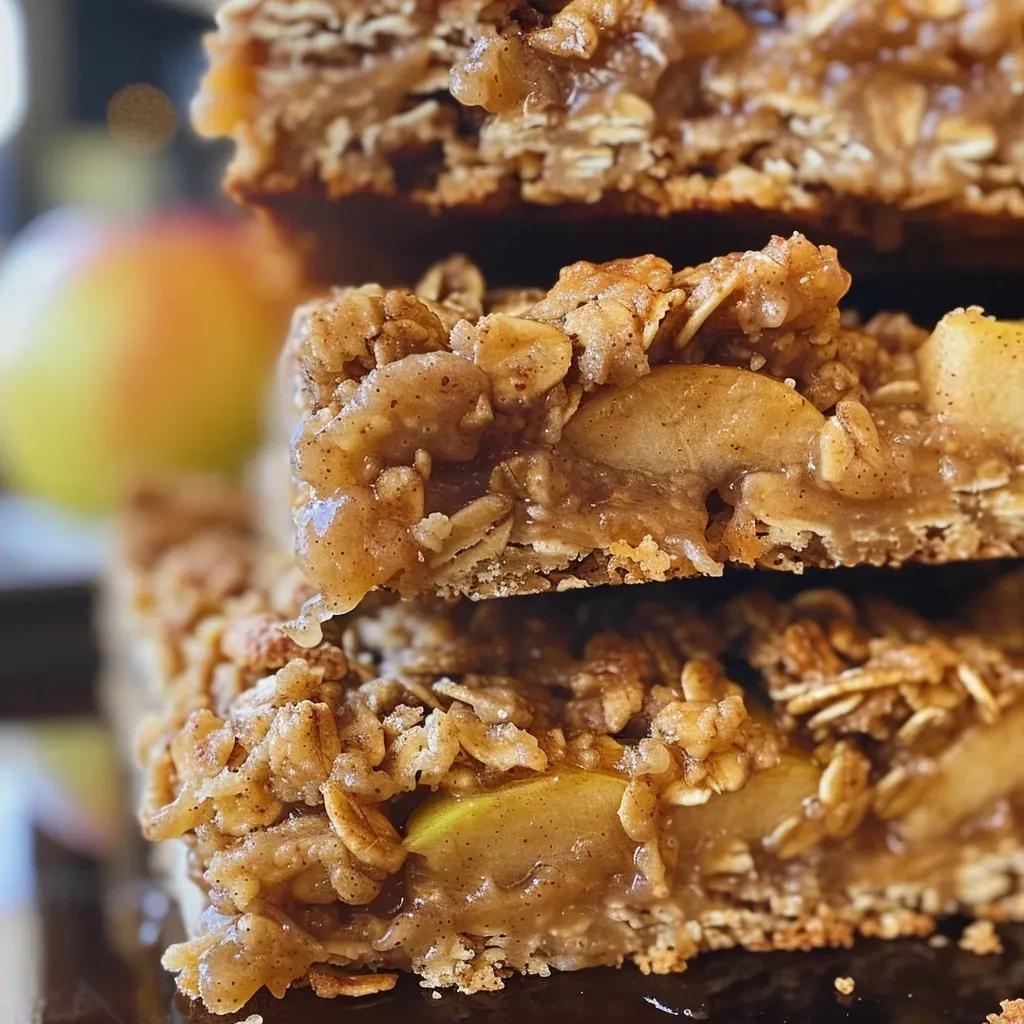 ['Close-up view of golden-brown Apple Cinnamon Oat Bars with a crispy top and visible apple chunks.', 'Side view of freshly baked Apple Cinnamon Oat Bars showcasing their crumbly texture and rich color.', 'Juicy Apple Cinnamon Oat Bars displayed on a rustic surface, highlighting their delicious ingredients.', 'Mouthwatering Apple Cinnamon Oat Bars arranged neatly, with a focus on the oats and diced apples.']