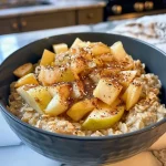['Close-up view of a bowl of Apple Cinnamon Oatmeal topped with diced apples and a sprinkle of cinnamon.', 'Side view of a steaming bowl of oatmeal with chunks of apple and a drizzle of maple syrup.', 'Delicious Apple Cinnamon Oatmeal in a bowl, featuring vibrant honey crisp apple pieces and a warm creamy texture.', 'Rich and inviting bowl of oatmeal with apple, cinnamon, and a glossy sheen from maple syrup.']