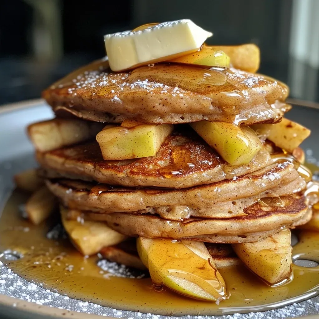 ['Close-up of golden brown apple cinnamon protein pancakes topped with chopped apples and a drizzle of syrup.', 'Side view of fluffy apple cinnamon protein pancakes stacked high, garnished with sliced apples and a light syrup glaze.', 'Juicy apple cinnamon protein pancakes with visible apple chunks and a dollop of yogurt on top, presented on a plate.', 'Delicious stack of protein pancakes featuring apple and cinnamon, with a shiny maple syrup drizzle and fresh apple pieces.']