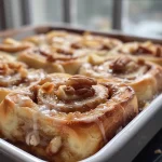 ['Close-up view of a freshly baked apple cinnamon roll drizzled with cream cheese icing.', 'Side view of a gooey apple cinnamon roll showcasing layers of apples and cinnamon.', 'Delicious apple cinnamon rolls on a plate with a warm, inviting appearance.', 'Juicy apple cinnamon rolls with chunks of apple visible, topped with frosting.']
