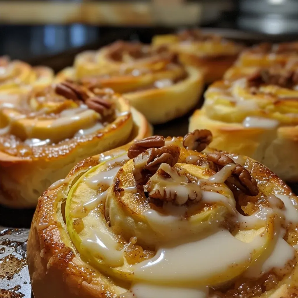 ['Close-up view of a freshly baked apple cinnamon roll drizzled with cream cheese icing.', 'Side view of a gooey apple cinnamon roll showcasing layers of apples and cinnamon.', 'Delicious apple cinnamon rolls on a plate with a warm, inviting appearance.', 'Juicy apple cinnamon rolls with chunks of apple visible, topped with frosting.']