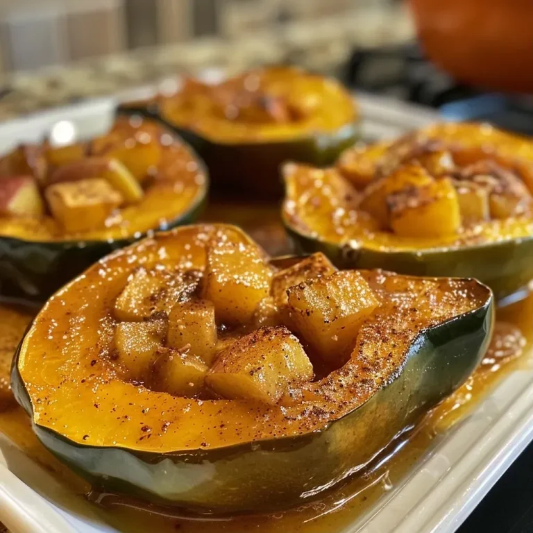 ['A close-up view of Apple & Cinnamon Squash Boats filled with diced Granny Smith apples and topped with cinnamon.', 'Juicy Acorn Squash halves filled with apple and cinnamon mixture, showcasing a side view.', 'A detailed side view of a dish featuring Acorn Squash filled with apple cubes, butter, and cinnamon.', 'An arrangement of Apple & Cinnamon Squash Boats, displaying vibrant green apples and golden squash.']