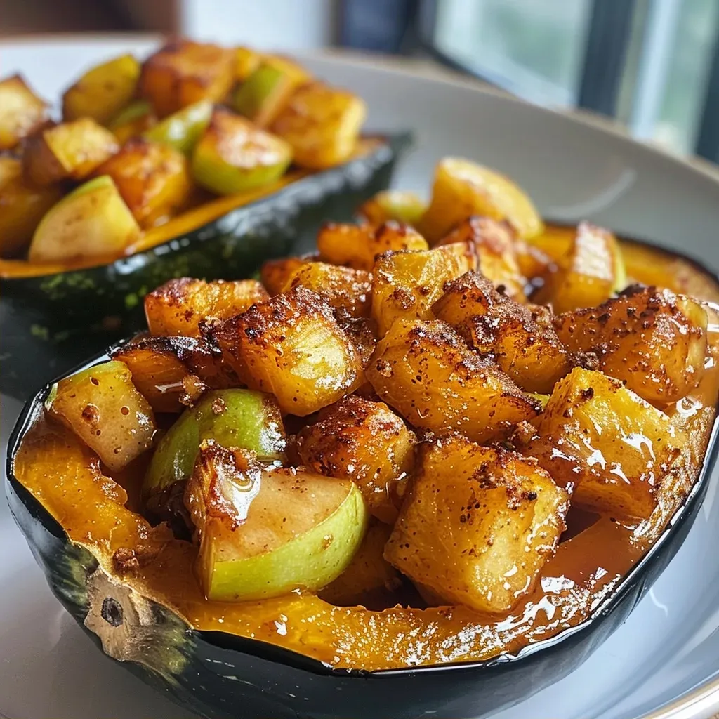 A close-up view of Apple & Cinnamon Squash Boats filled with diced Granny Smith apples and topped with cinnamon.