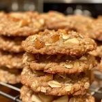['A close-up view of freshly baked apple crisp cookies with a golden-brown exterior and visible apple chunks.', 'Side view of apple crisp cookies displaying a soft texture and bits of cinnamon and oats.', 'A detailed image of delicious apple crisp cookies with chopped apples and a sprinkle of walnuts.', 'An iPhone photo capturing the warm, inviting look of apple crisp cookies, highlighting their inviting color and ingredients.']