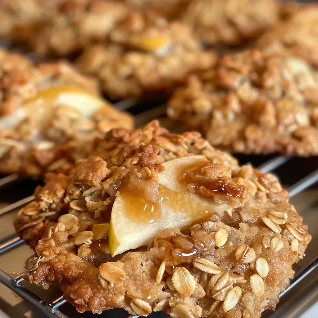 ['A close-up view of freshly baked apple crisp cookies with a golden-brown exterior and visible apple chunks.', 'Side view of apple crisp cookies displaying a soft texture and bits of cinnamon and oats.', 'A detailed image of delicious apple crisp cookies with chopped apples and a sprinkle of walnuts.', 'An iPhone photo capturing the warm, inviting look of apple crisp cookies, highlighting their inviting color and ingredients.']