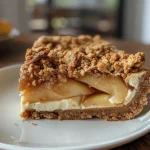 ['A side view of a sliced Apple Crumble Cheesecake with a golden crumble topping.', 'Close-up of a creamy Apple Crumble Cheesecake featuring a thick slice and crumbled topping.', 'A decadent Apple Crumble Cheesecake showcasing its layered filling and crust.', 'Side profile of a rich Apple Crumble Cheesecake with visible apple slices and a crunchy topping.']