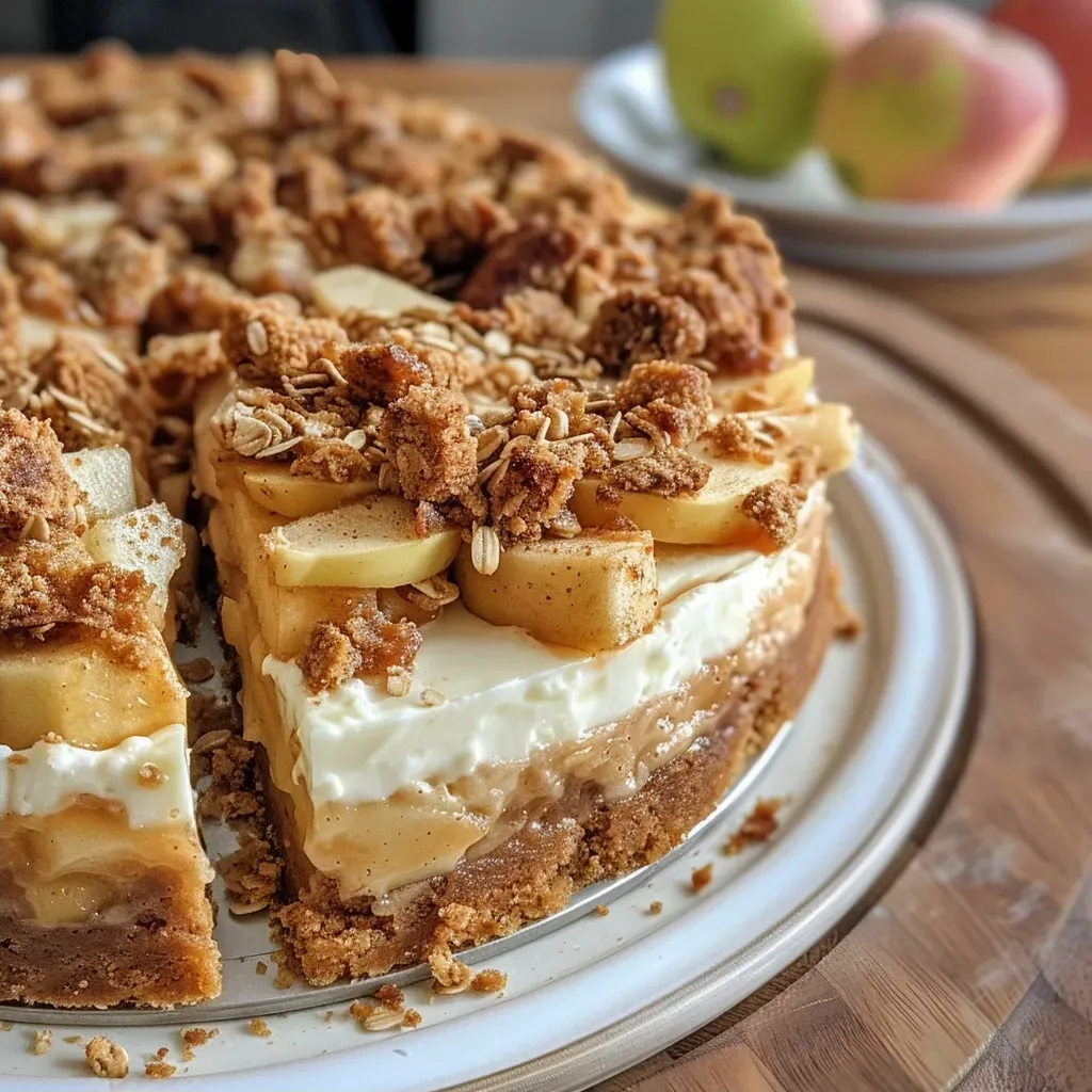 ['A side view of a sliced Apple Crumble Cheesecake with a golden crumble topping.', 'Close-up of a creamy Apple Crumble Cheesecake featuring a thick slice and crumbled topping.', 'A decadent Apple Crumble Cheesecake showcasing its layered filling and crust.', 'Side profile of a rich Apple Crumble Cheesecake with visible apple slices and a crunchy topping.']