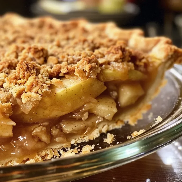 ['Close-up side view of a freshly baked apple crumble pie with golden crust and crumble topping.', 'Juicy apple crumble pie showcasing a flaky crust and crumbly top with apple slices visible inside.', 'Side view of a delicious apple crumble pie with a crunchy topping and warm apple filling peeking out.', 'A delectable apple crumble pie with a golden crust and crumbled topping, revealing sliced apples.']