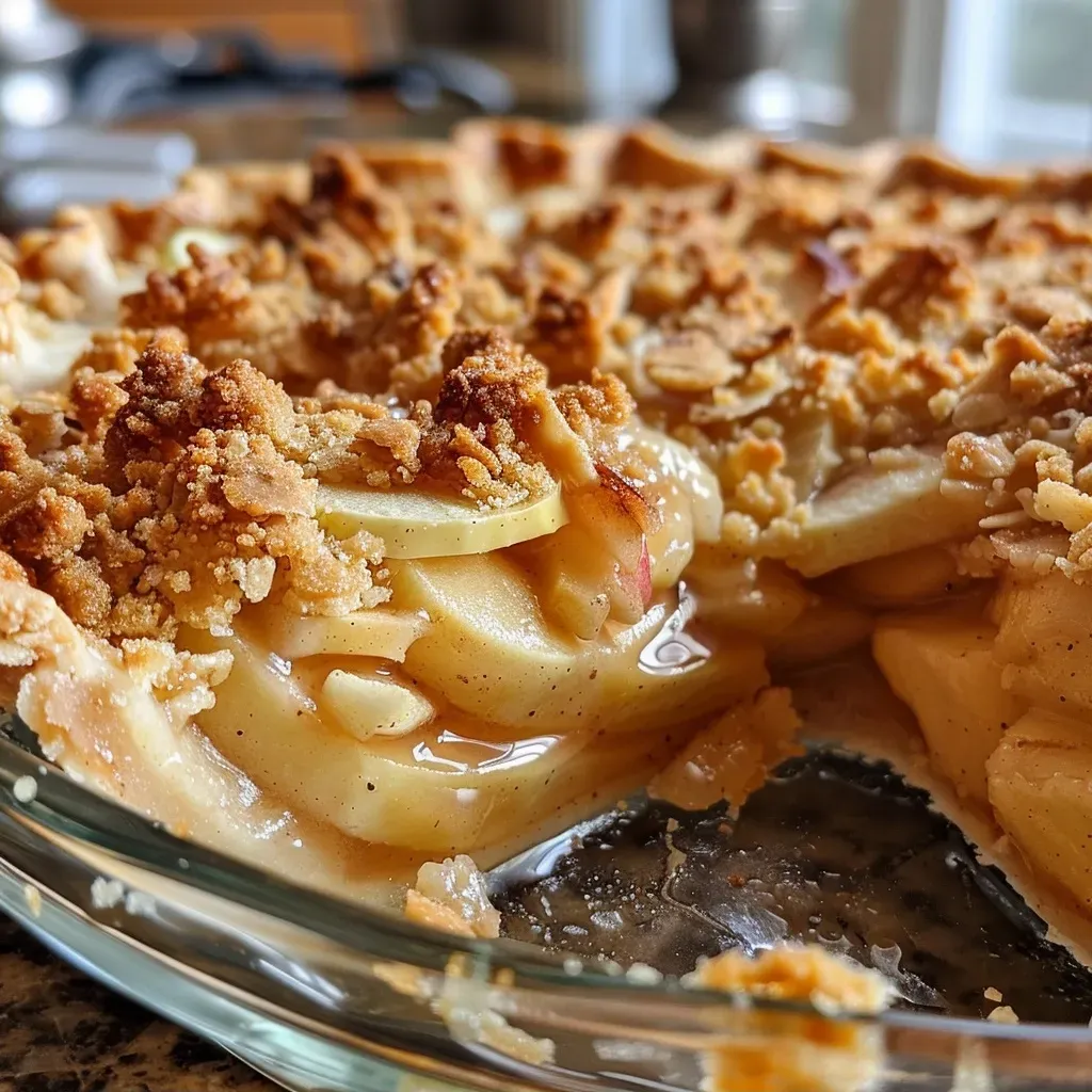 ['Close-up side view of a freshly baked apple crumble pie with golden crust and crumble topping.', 'Juicy apple crumble pie showcasing a flaky crust and crumbly top with apple slices visible inside.', 'Side view of a delicious apple crumble pie with a crunchy topping and warm apple filling peeking out.', 'A delectable apple crumble pie with a golden crust and crumbled topping, revealing sliced apples.']