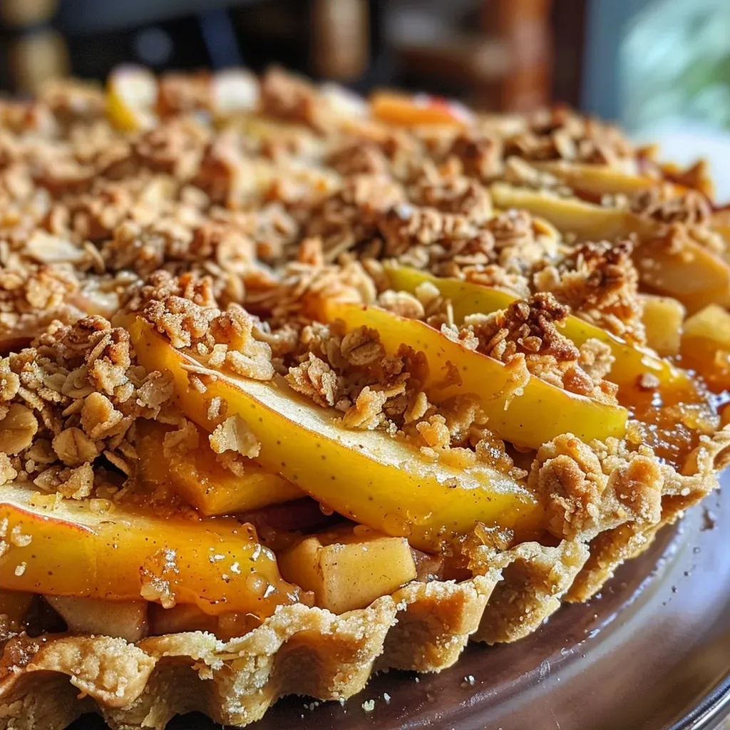 ['Close-up side view of a golden-brown Apple Crumble Tart with a crumbly topping.', 'Slice of Apple Crumble Tart showing juicy apple filling and a crunchy crust.', 'Side view of a beautifully baked Apple Crumble Tart, highlighting its flaky crust and toppings.', 'Detailed view of an Apple Crumble Tart, showcasing layers of apples and crumble.']