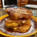 ['Close-up view of apple fritters drizzled with maple glaze, showcasing their golden-brown texture.', 'A side angle of fluffy apple fritters topped with a shiny, sticky maple glaze.', 'Juicy apple fritters with diced apple pieces visible, coated in a rich maple glaze.', 'A detailed shot of crispy apple fritters served on a plate, glistening with maple syrup.']