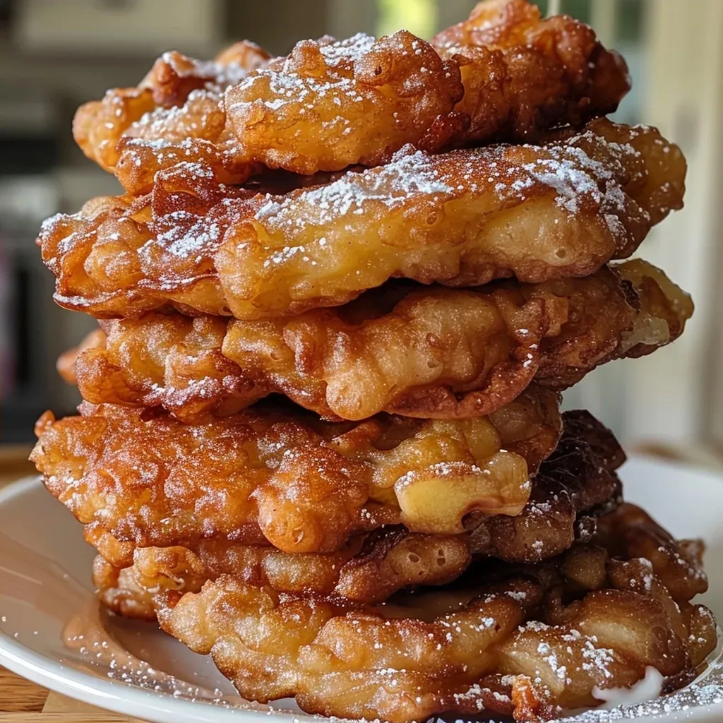 ['Close-up view of apple fritters drizzled with maple glaze, showcasing their golden-brown texture.', 'A side angle of fluffy apple fritters topped with a shiny, sticky maple glaze.', 'Juicy apple fritters with diced apple pieces visible, coated in a rich maple glaze.', 'A detailed shot of crispy apple fritters served on a plate, glistening with maple syrup.']
