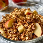 ['Close-up view of a bowl of apple granola with visible nuts and dried fruit.', 'Side view of homemade apple granola featuring oats, cranberries, and pumpkin seeds.', 'Detailed shot of colorful apple granola with applesauce and almond butter glistening on top.', 'Textured granola mix with chunks of dried cranberries and hazelnuts in a rustic bowl.']