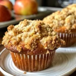 ['Close-up view of freshly baked apple muffins topped with a crumb mixture.', 'Side view of golden brown apple muffins garnished with a crunchy crumb topping.', 'Juicy apple muffins with a crispy crumble atop, displayed beautifully.', 'Delicious apple muffins showcasing a crumb topping, captured in detail.']